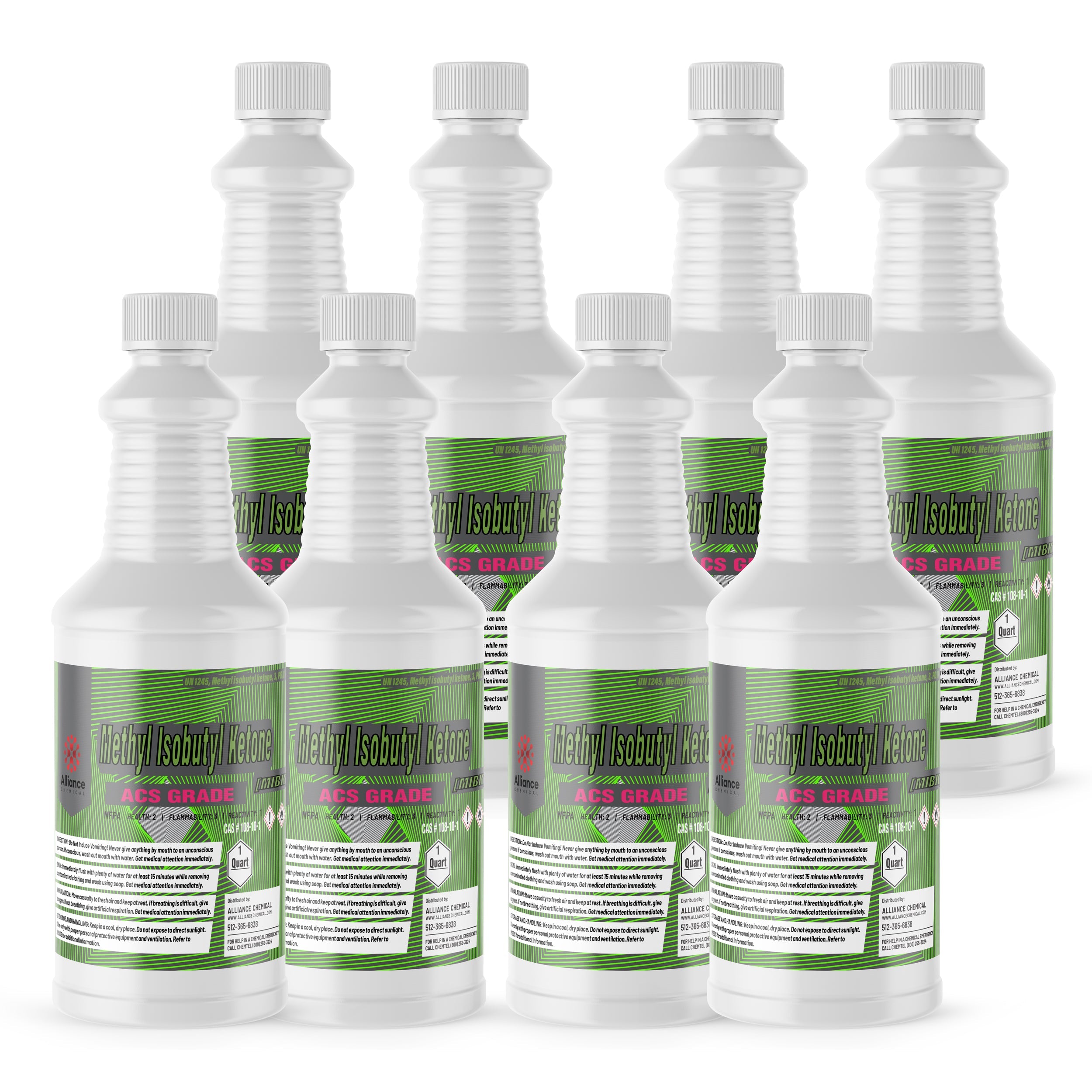 8x1 quart MIBK (Methyl Isobutyl Ketone) ACS grade in ribbed plastic bottles with safety caps, hazard labels and green-striped labeling.